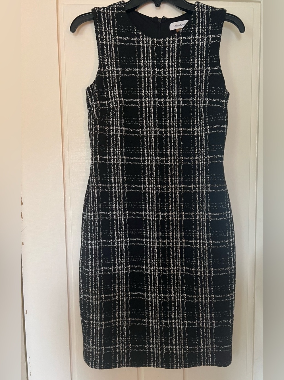 Calvin Klein Black and White Plaid Midi Sheath Dress